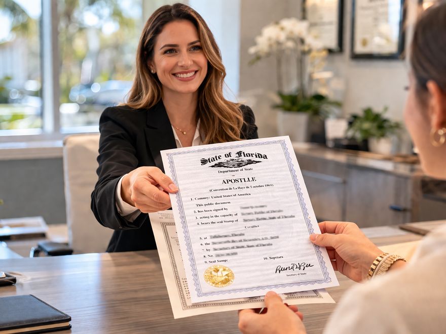 Apostille service desk preparing documents for filing in Broward County