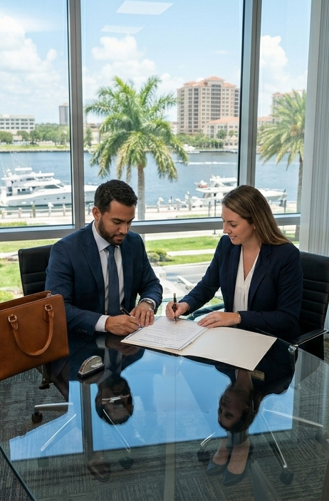 Broward County notary handing apostilled documents to a client